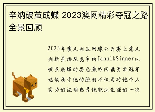 辛纳破茧成蝶 2023澳网精彩夺冠之路全景回顾