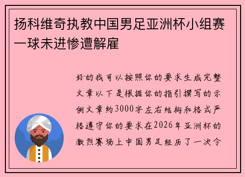 扬科维奇执教中国男足亚洲杯小组赛一球未进惨遭解雇